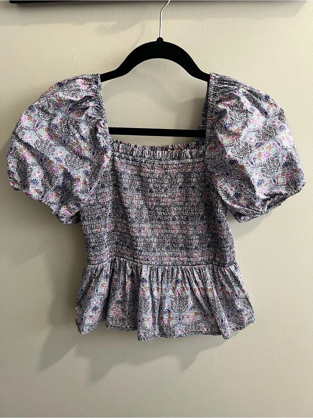 J. Crew Smocked Square Neck Organic Cotton Top in Liberty Nouveau Floral M